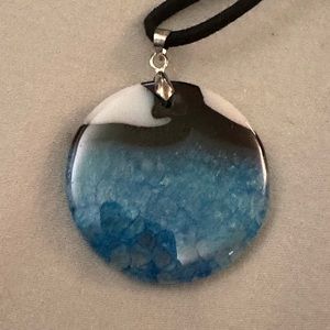 Blue Agate circular pendant necklace with a black cord